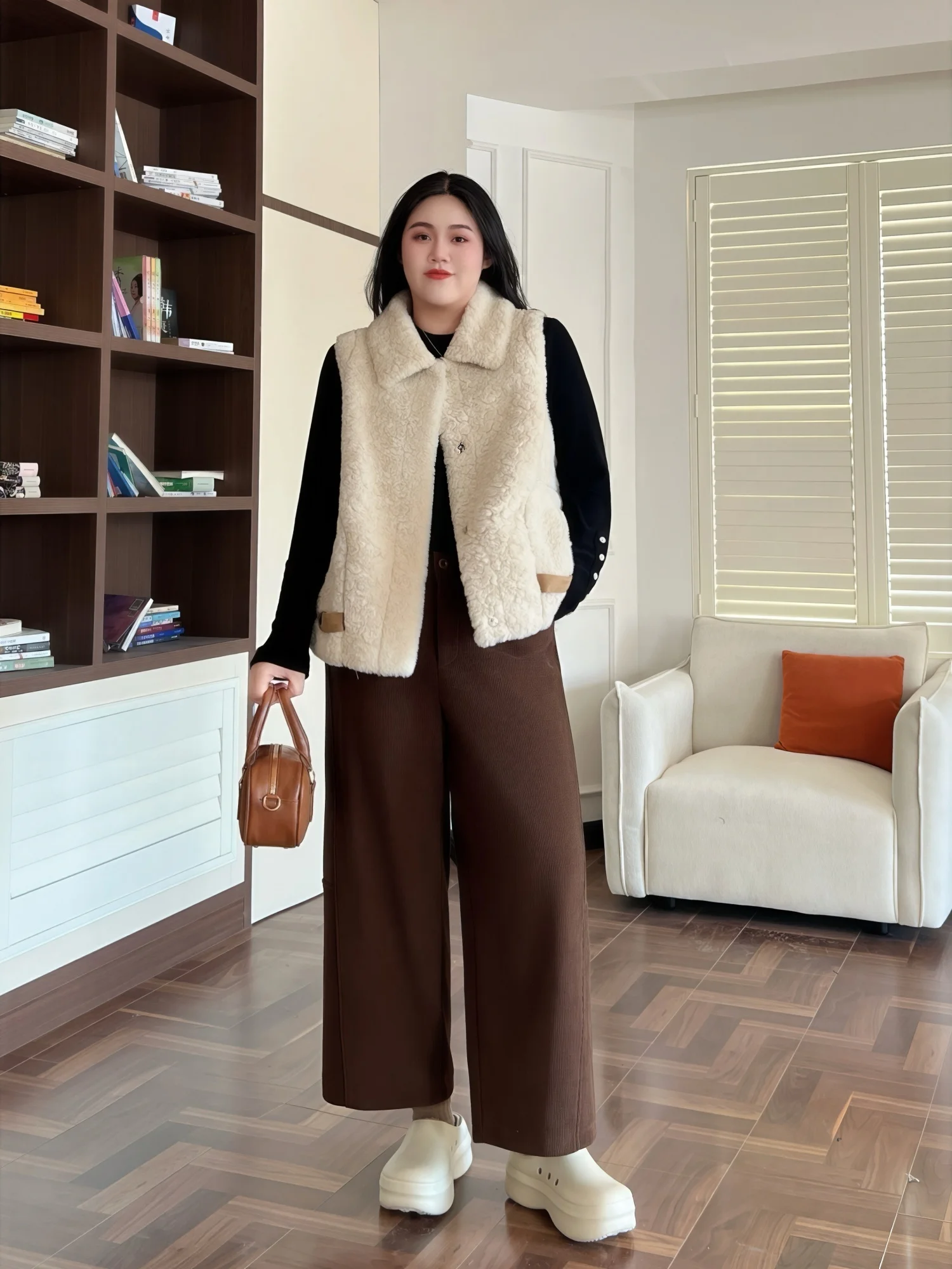 

High Waist Fce Lined Wide Leg Casual Pants for plus Size Women Winter New Sle Retro Versatile Comfortable Commute Pants