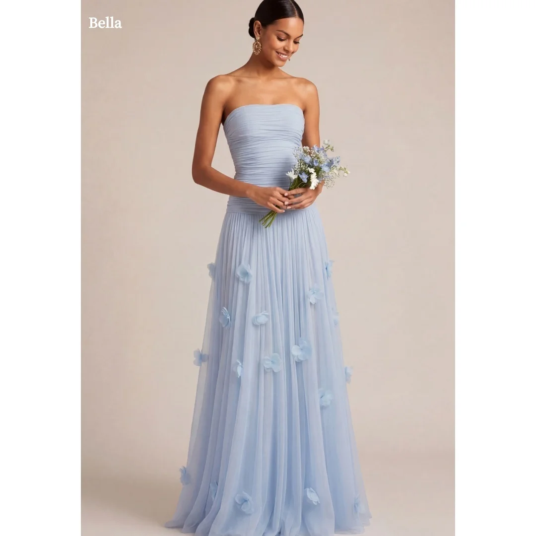 

Bella Customized Light Blue Strapless 3D Floral Chiffon Prom Dress Floor Length Party Dresses Formal Evening robes de soirée