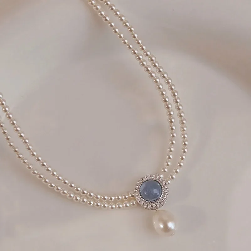 

British [Designer] Aquamarine Pearl Necklace Light Luxury High-end French Neck Chain Ornament