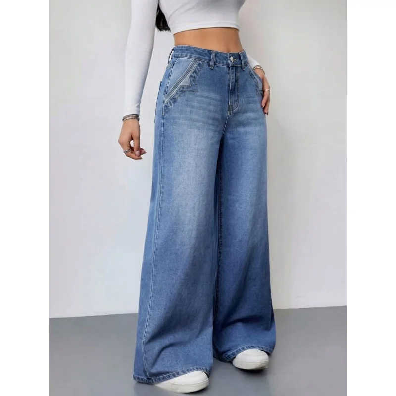Women Vintage Blue Wide Leg Jeans 2026 Summer New High Waist Washed Loose Denim Pants Streetwear
