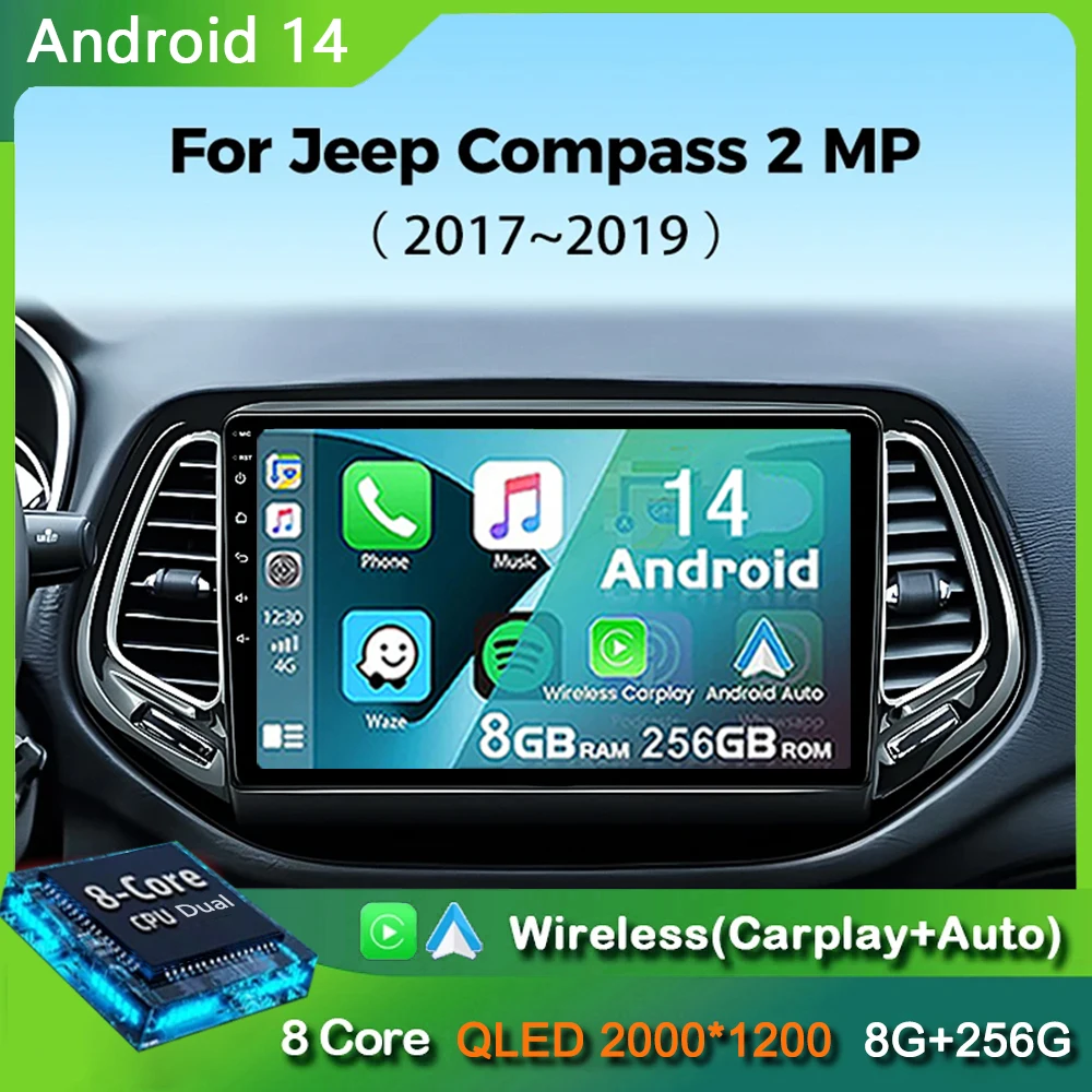 

Android 14 8G + 256GB беспроводной Carplay для Jeep Compass 2 MP 2016 - 2018 автомобильное радио мультимедийный видеоплеер GPS навигация DSP DVD