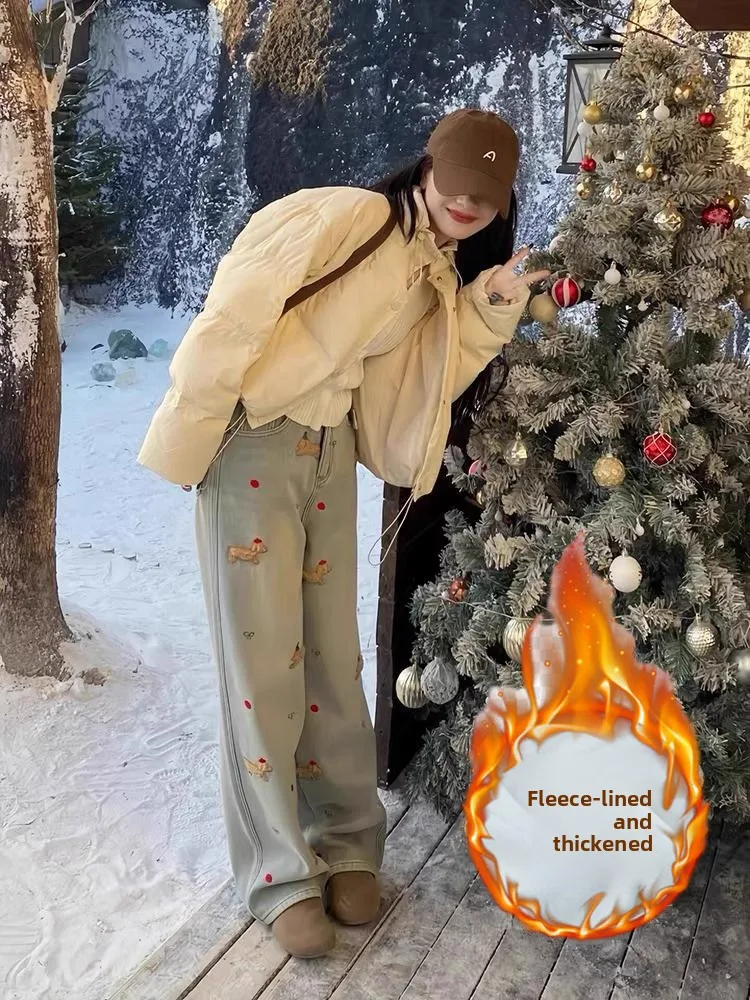 

Прямые джинсы с вышивкой Thiened Fce, женские широкие брюки с высокой талией, свободный крой, осень-зима, новые утягивающие брюки