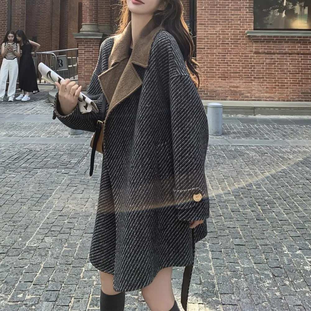 معطف تويد نسائي للخريف والشتاء للتخسيس Sle هيبورن Sle طويل Sve بزر واحد للإغلاق متوسط الطول لون نقي #1