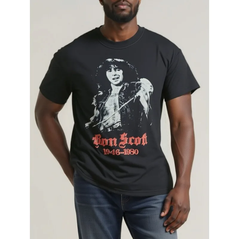 Men'S Vintage Graphic T-Shirt in Honor of Bon Scott - A Black Comfortable Tee Featuring a White