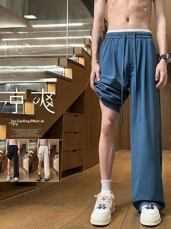 

Спортивные брюки из ледяного шелка больших размеров с двойным поясом для полных мужчин, повседневные прямые длинные брюки, весенняя новинка, простой модный дизайн, брендовые