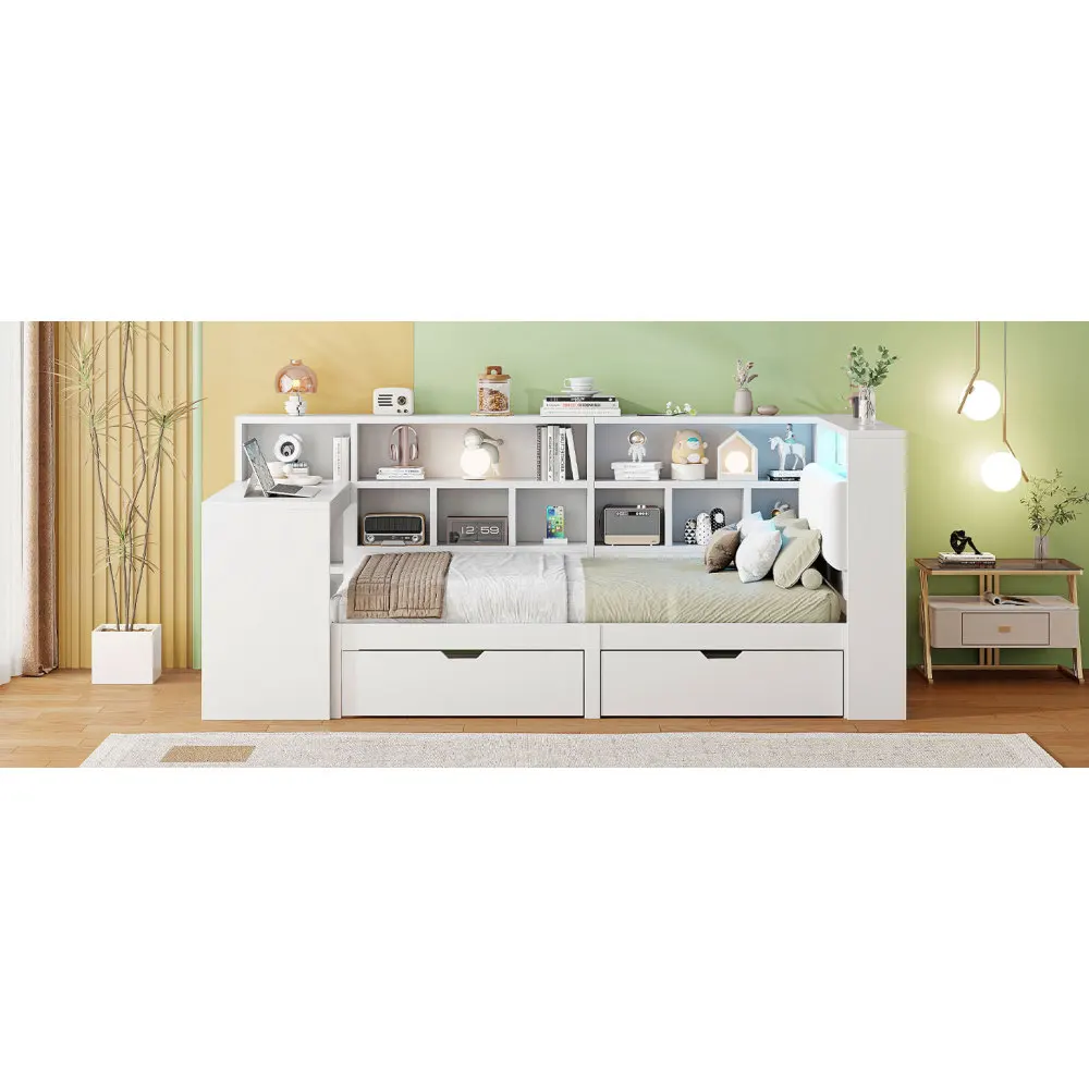 90x200 L-förmiges Plattformbett aus Holz mit Schreibtisch und Bücherregal, Eckkapitänsbett mit gepolstertem Kopfteil, Schubladen, LED-Licht – Detail 16