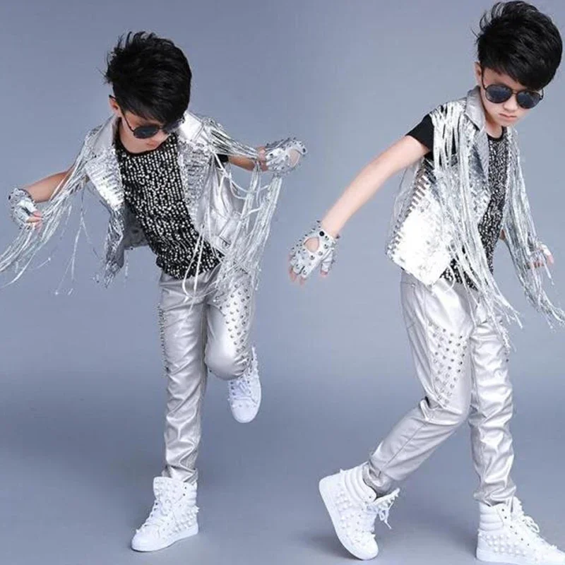 Jazz Costumes Children Silver Sequined Tassel Coat Boys Rock Drum Show Set Hip Hop Stage Outfit Street Dancewear Kids DNV11852