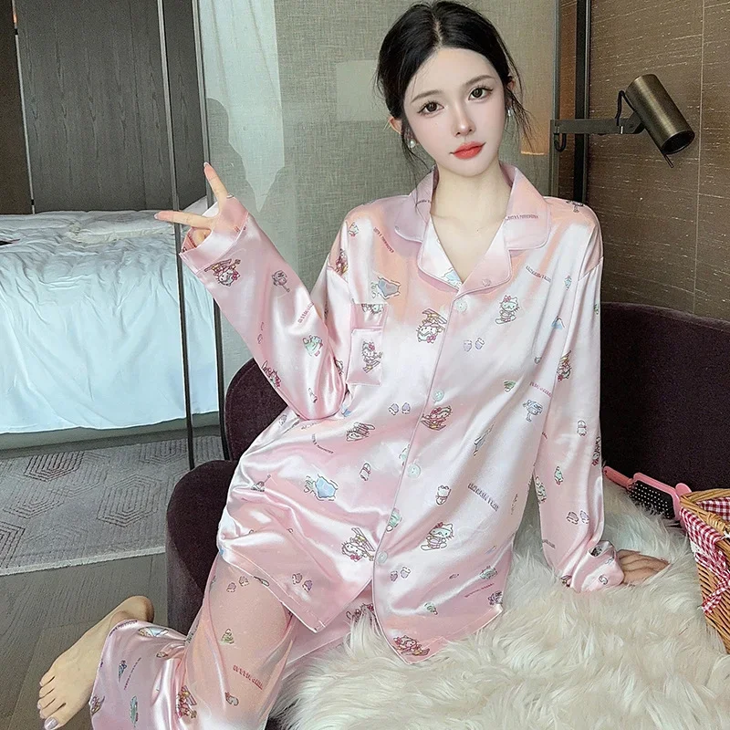 Cartoon Sanrio Hello Kitty Women\'s Pajamas Autumn Ice Silk Long Sleeve Pants Two-piece Lapel Homewear Silk Pajamas Women