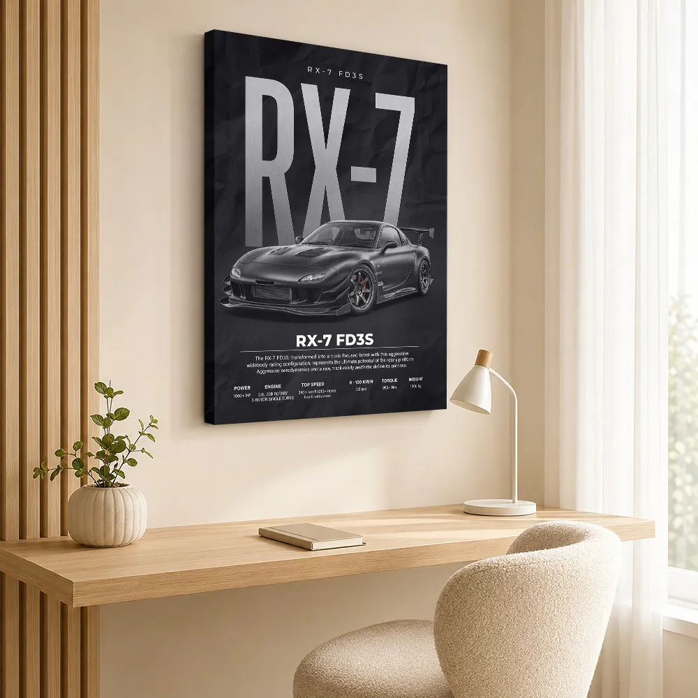 Black Sleek RX-7 FD3S Track Car Framed Canvas Print Poster Personalized Photo Dynamic Wall Art Garage Studio Decor Driver Gift