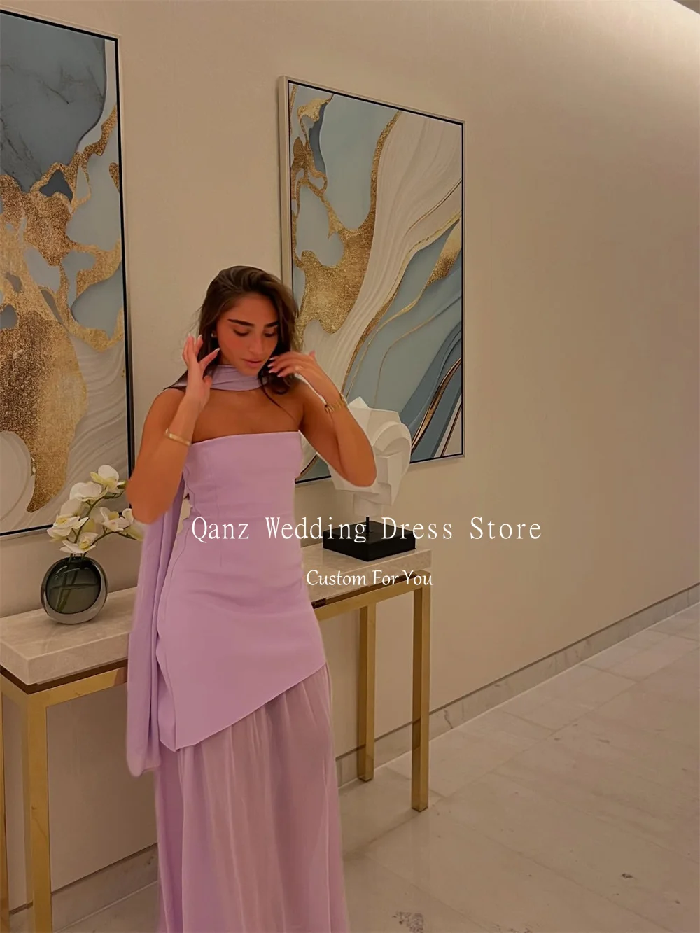 Qanz Lilac Evening Dresses Strapless Ribbons Satin And Chiffon Vestidos De Festa Backless Long Women Prom Dress Customized