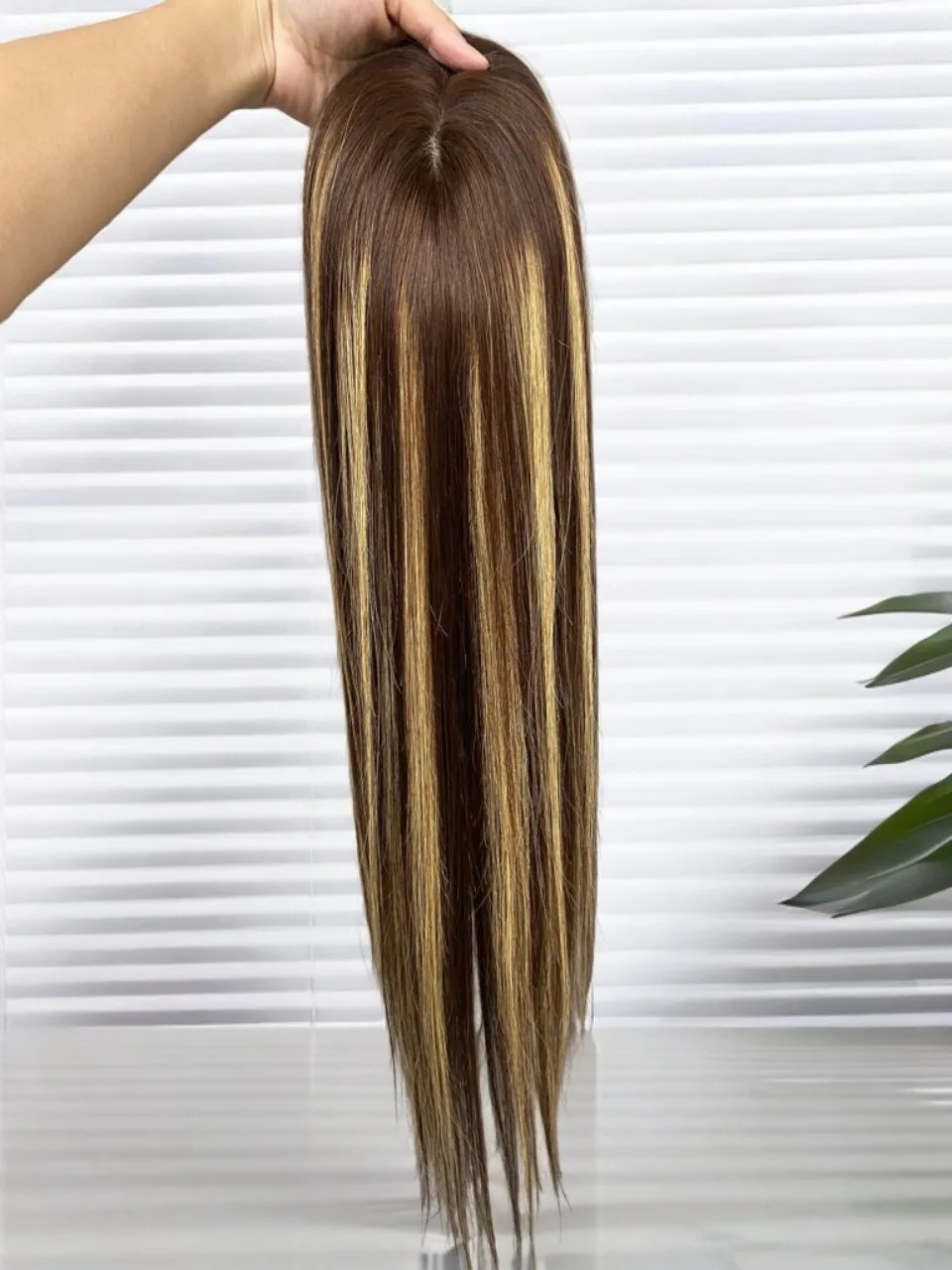 #4/27 Color 150% Density  Highlight Honey Blonde Remy Human Hair Pieces Hair Topper Women Skin Silk Base Top Toupee In 16x18cm