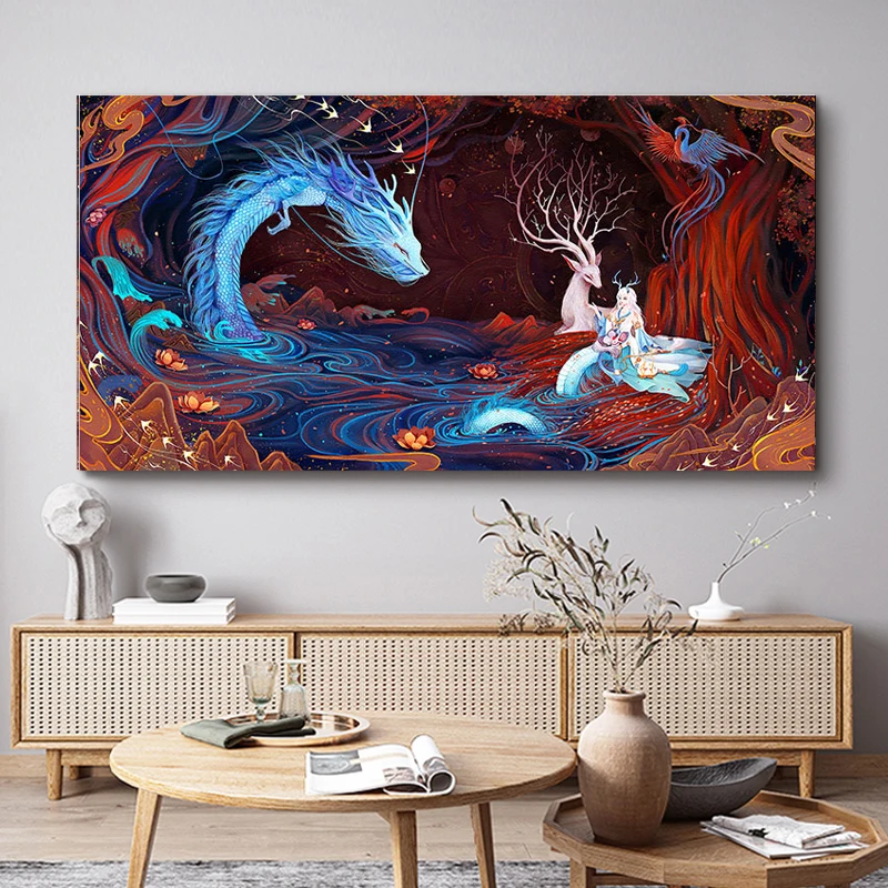 Chinese Mythology Nine-Tailed Fox Canvas Poster Shanhaijing Style Mythical Beast Painting Living Room Wall Decor Art Print