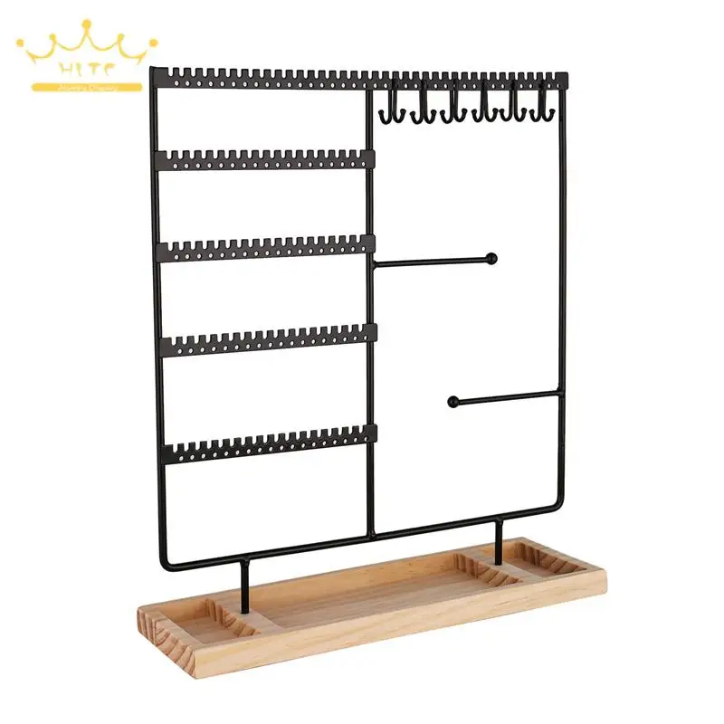 Large Capacity Metal Earring Bracelet Display Stand Detachable Wooden Base Earring Necklace Storage Hanger Jewelry Rack