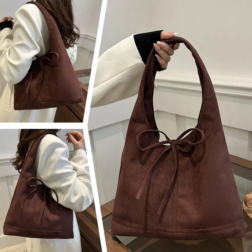 

Suede Tote Bag for Women Vintage Casual Tie-up Bow Large Shoulder Purse for Office Outdoor Travel