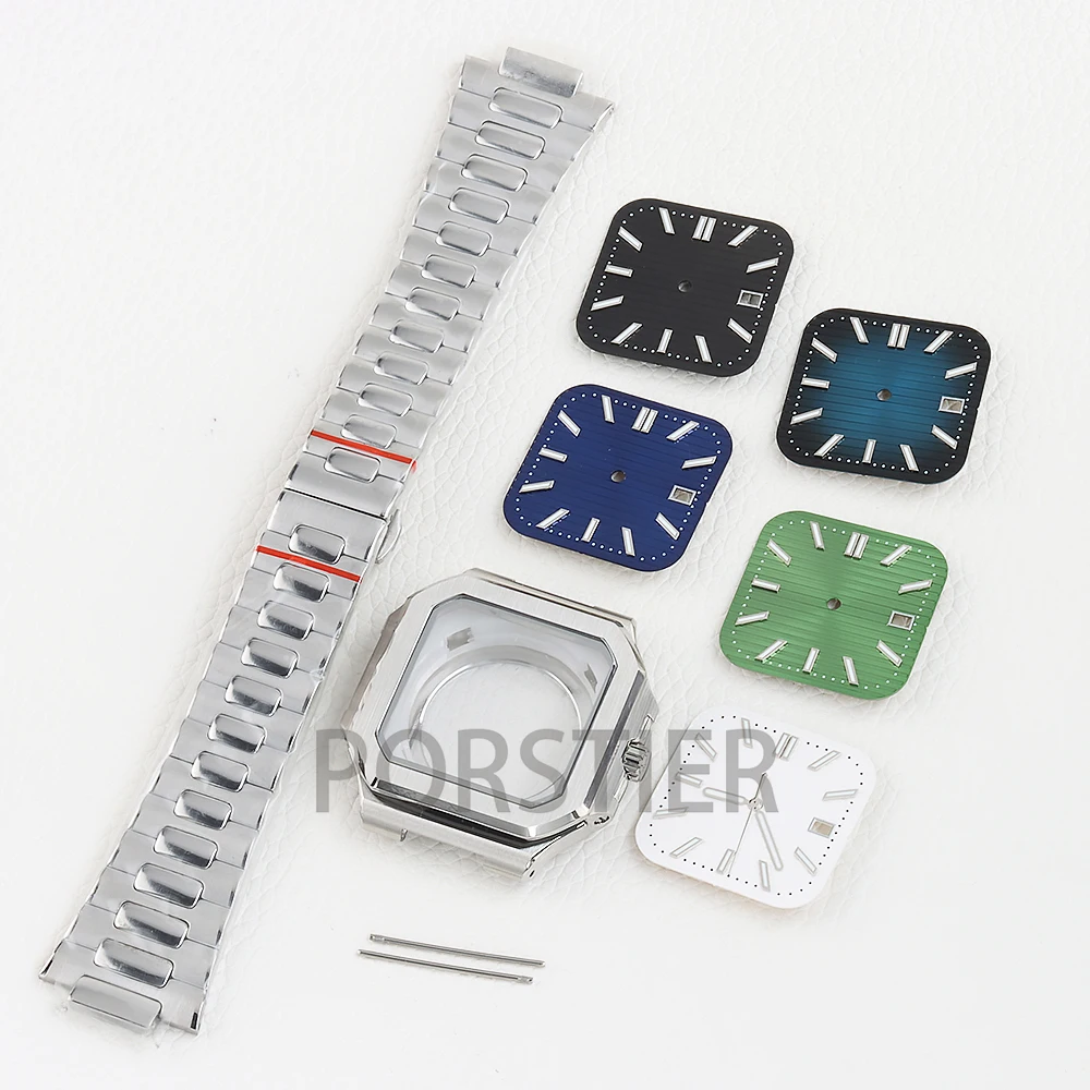 

38mm nh35 Square Watch Case Sapphire Stainless Steel Strap for Cubitus nh35/nh36 Movement 29.5mm dial Green luminous Watch Parts