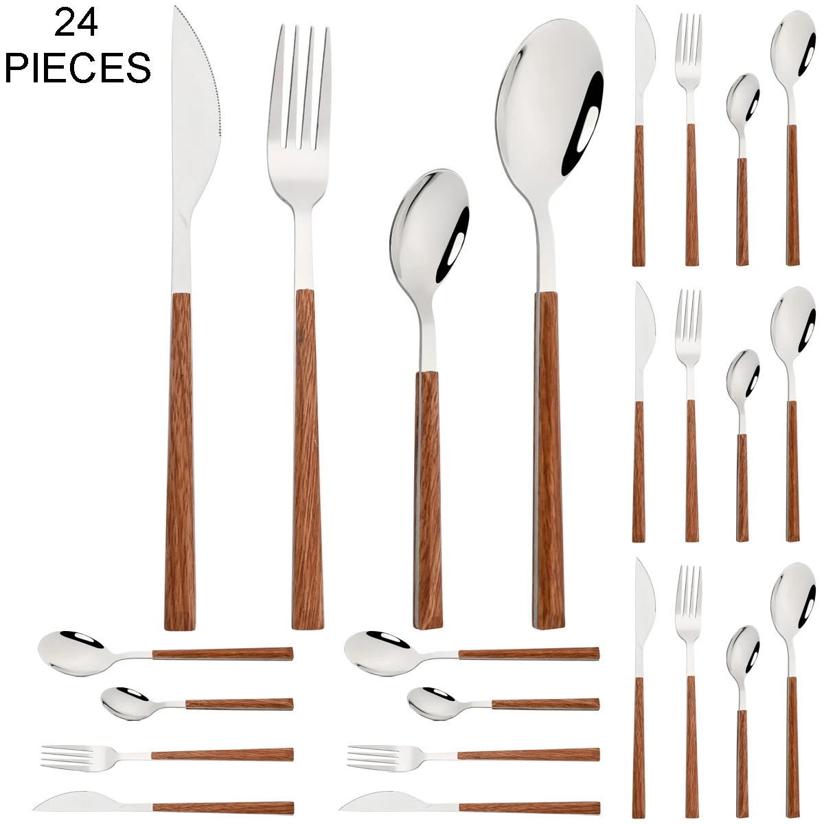 24/30Pcs Imitation Wooden Handle Cutlery Set Brown Gold Dinnerware Set Knife Fork Small Spoon Tableware Stainless Steel Flatware