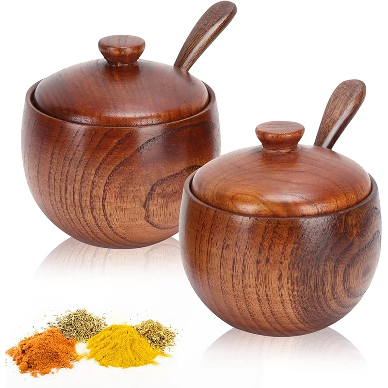 JUSTINLAU Wooden Seasoning Jar Bring Lid and Spoon Powder Container Salt Box Sugar Jar Spice Jar Chili Seasoning Jar Salt Box
