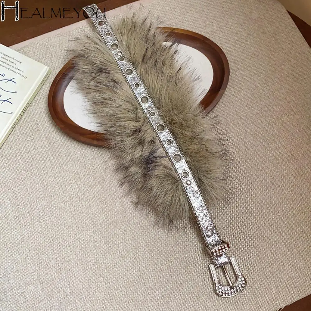 

Индивидуальный кожаный меховой ремень со стразами в стиле панк, пикантный стиль девушки, пушистый пояс, универсальный ретро Y2K, плюшевый пояс для женщин/девочек