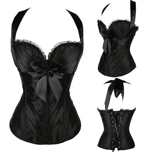 Sexy Lingerie Bowknot Burlesque Vintage Satin Halter Zipper Bustier donna Steampunk Overbust Bustier corsetto top