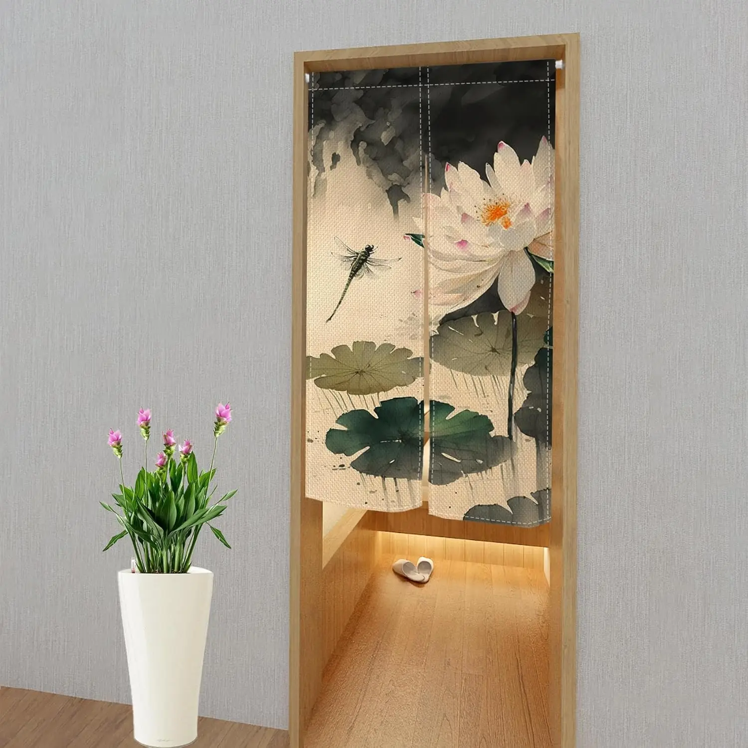 Japanese Ink Wash Lotus Door Curtain, Beige Background White Lotus & Dragonfly Print For Home Entrance, Zen Oriental Decor Room