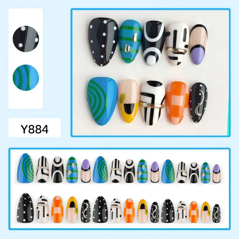 30Pcs Fun Geometric Doodle Polka Dot Striped and Checkered Press-On Nails—Perfect As A Gift for Girls and For Everyday Use