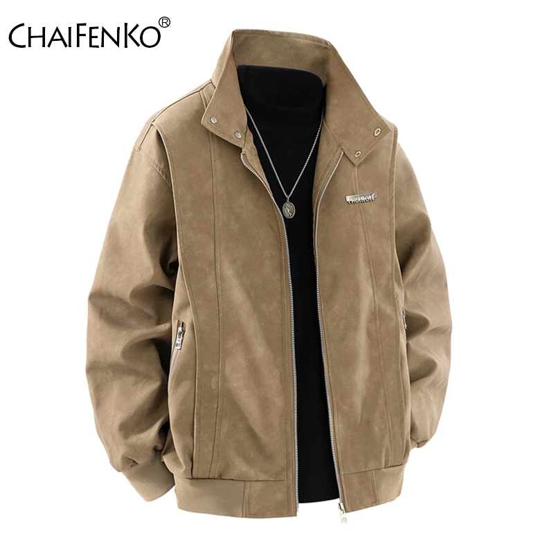 Men Stand Collar Comfort Casual Tops New Fashion Versatile Windproof Leather Jacket Spring Autumn Retro Simplicity Solid Coat