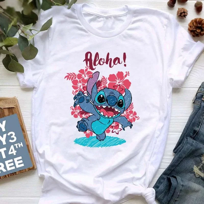เสื้อยืดผู้หญิง Lilo Stitch Kawaii น่ารักฤดูร้อนอะนิเมะเสื้อยืดเสื้อผ้าผู้หญิงการ์ตูนสติชหัวใจพิมพ์ลายกราฟิก