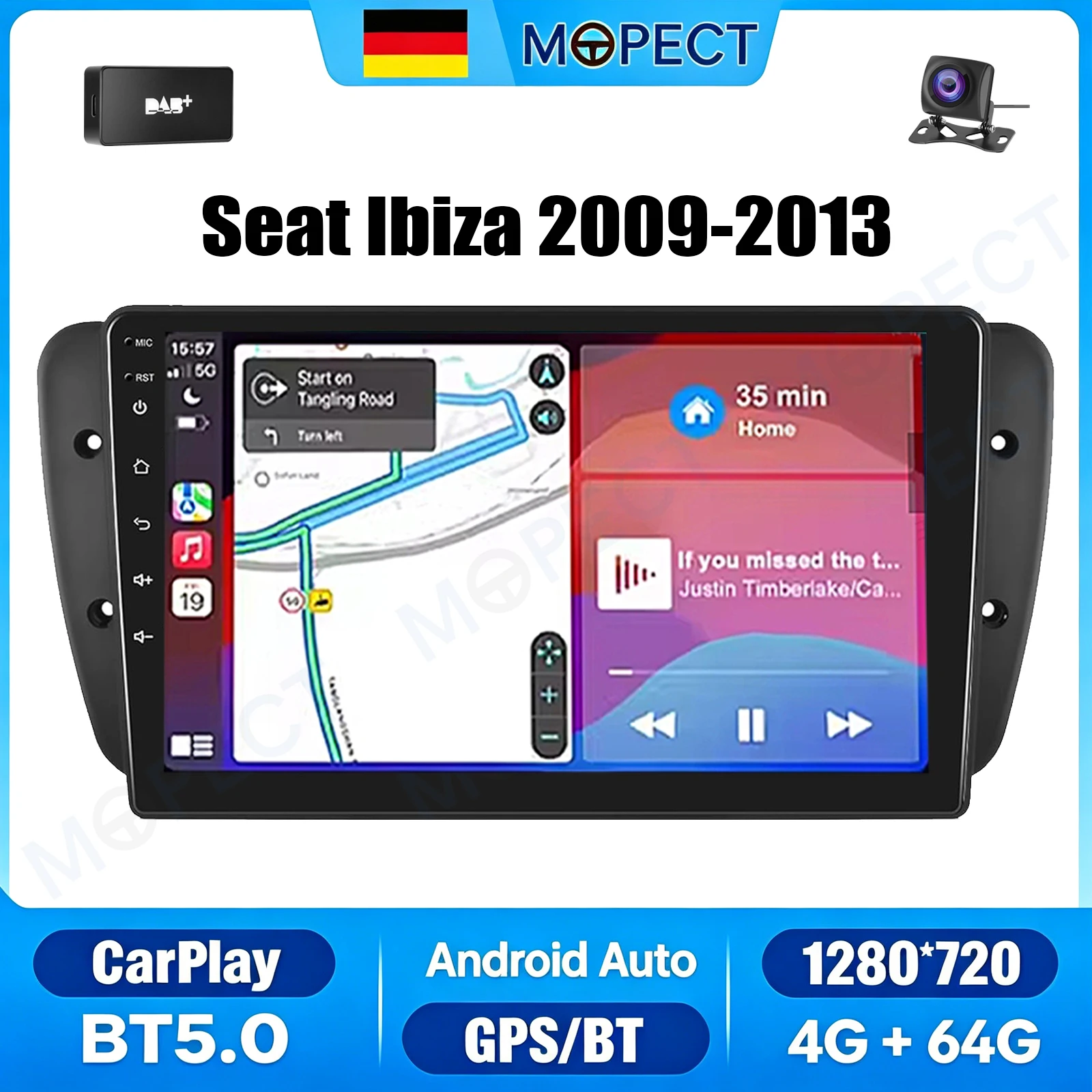 Autoradio Android 15 MOPECT 9 pouces 4+64G pour Seat Ibiza 6J 2009-2013 avec CarPlay sans fil, GPS, FM, SWC, Bluetooth+DAB&AHD