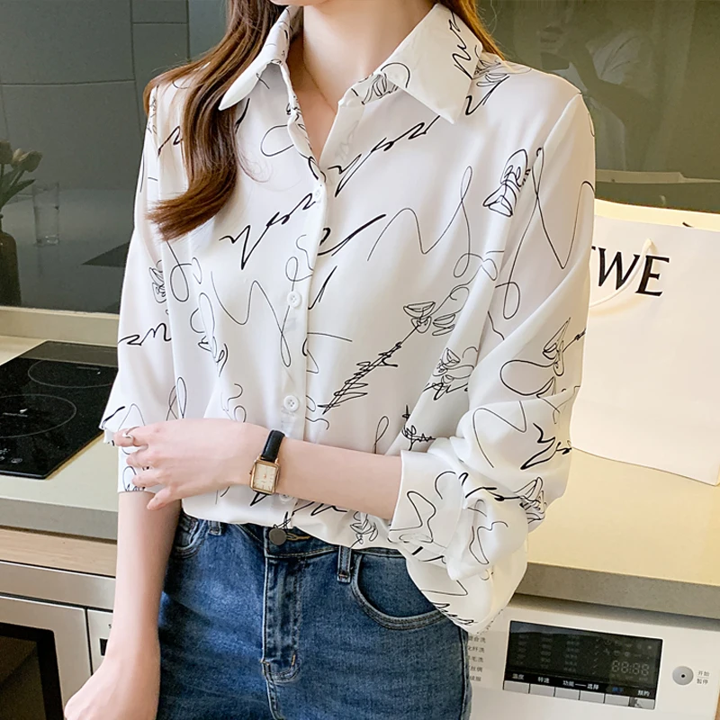 Women Spring Korean Fashion Loose Graffiti Printing Polo-Neck Long Sleeve Shirts Women Clothes Casual All-match Office Lady Tops