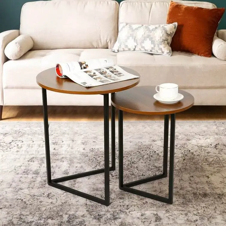 

Горячие продажи, оптовая продажа, круглый стальной боковой столик, современный железный столик из двух частей, штабелируемое акцентное гнездо стола, широкое деревянное и металлическое кофейное Т