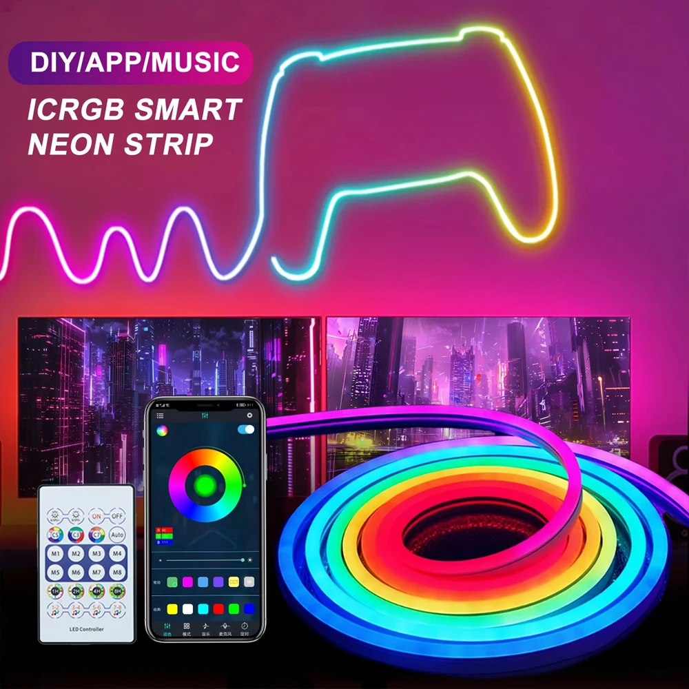 5V USB RGBIC Neon LED Strip Lights with Bluetooth APP Control Music Sync Waterproof Flexible Tape for Gaming Room Party Decor