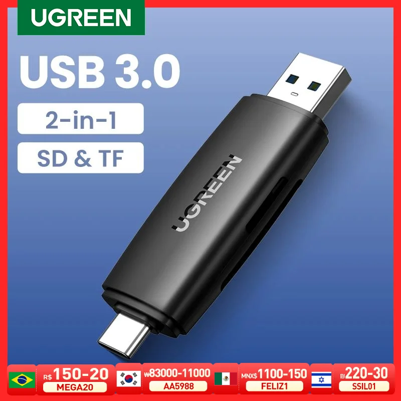 UGREEN Pembaca Kartu USB 3.0 & Tipe C Ke SD Micro SD Pembaca Kartu TF untuk PC Laptop Aksesori Memori Pintar Pembaca Kartu SD