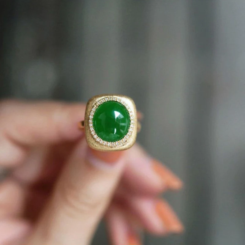 Vintage style Ancient gold wire drawing crafts Natural Jade Chalcedony Green Rings for Women Luxury Fashion Wedding Jewelry