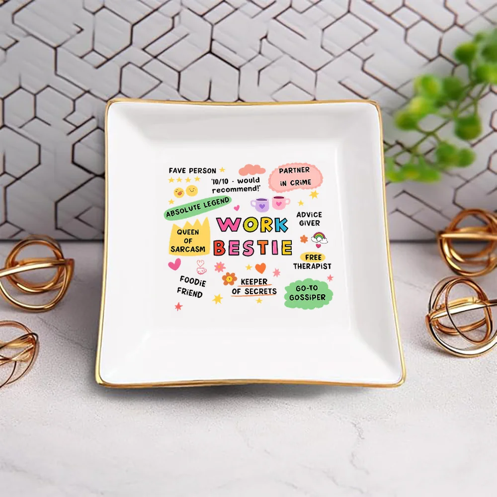 

Best Friend Jewelry Dish Tray - Friendship-Themed Trinket Holder with BFF Phrases (Queen Bee, Bestie) - Color-Coded Ring & Earri