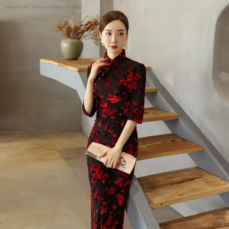 

Chinese Style Big Size 4XL Qipao Autumn Long Cheongsam Vintage Elegant Slim Dress Traditional Mandarin Collar Evening Party Gown