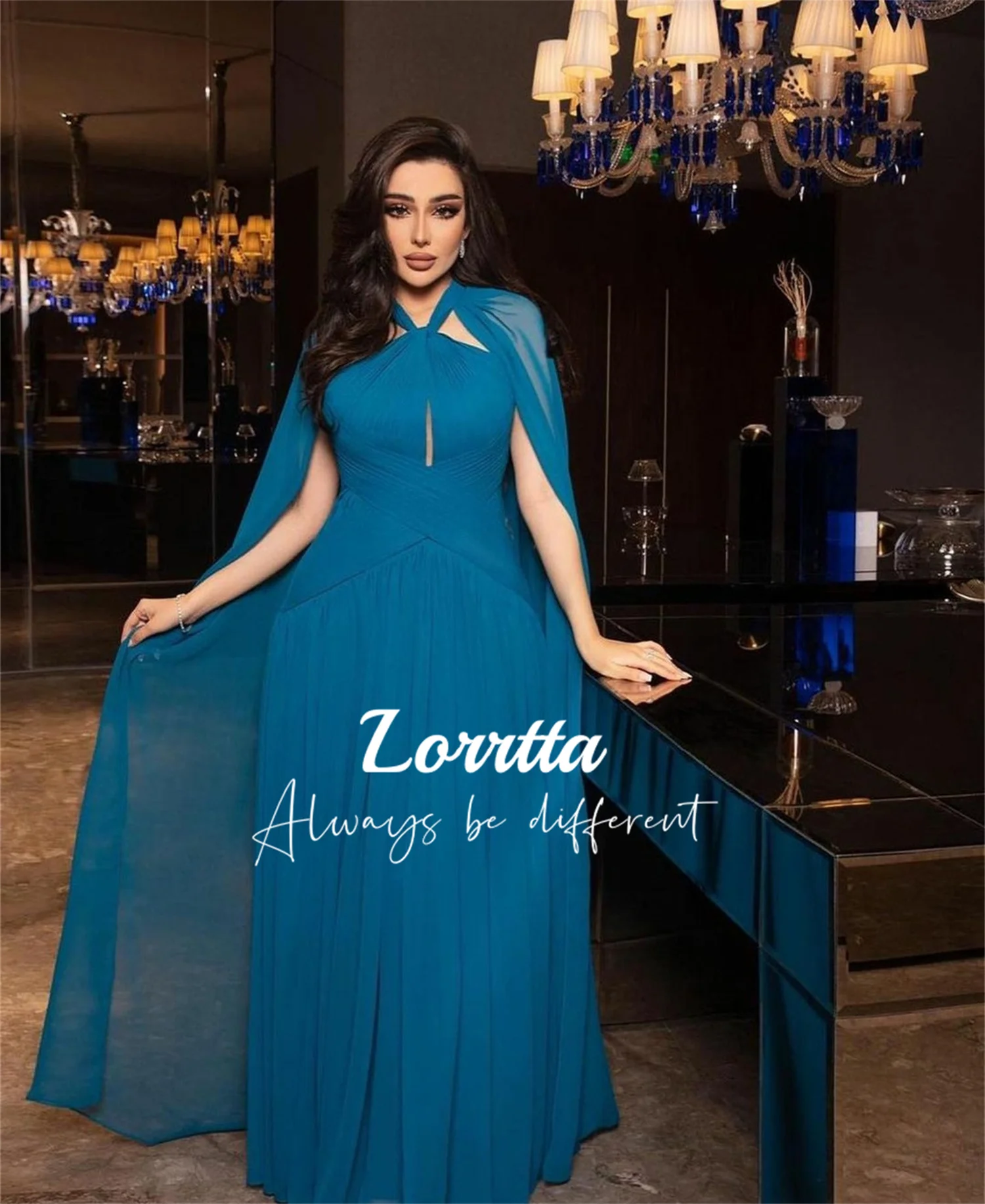 Lorrtta Vintage Blue Chiffon Party Evening Gown Halter Neck Pleated Evening Gown Dubai Arabian Vestido De Noche Elegante Gala