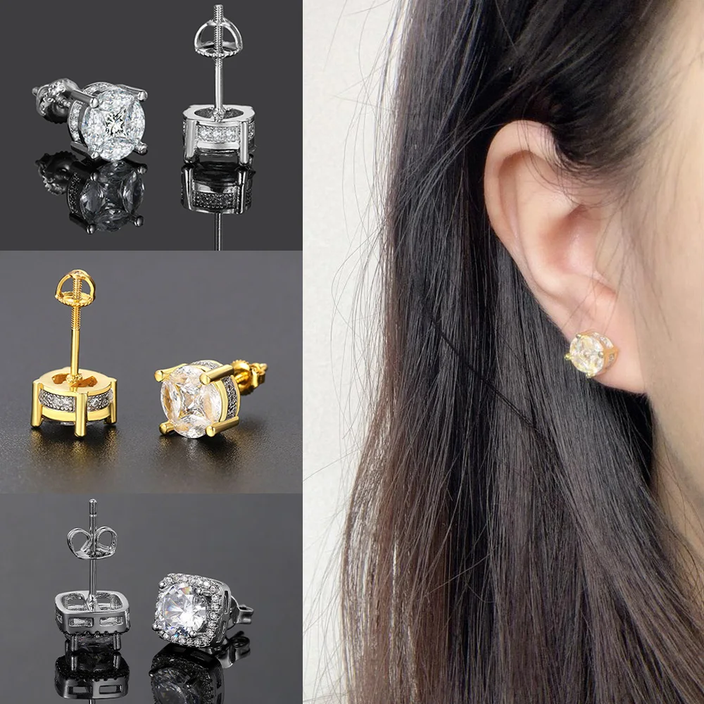 INS Fashion Hiphop Punk Y2K Earring For Women Men Simple Gold Color Ice Cubic Zircon Piercing Cartilage Earrings Jewelry Gift