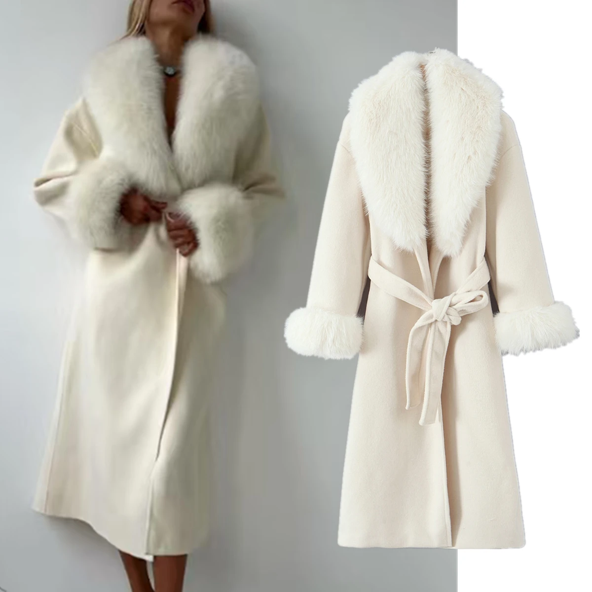 سترة جيني آند ديف ملابس نسائية معطف صوفي مرقع من الفرو الصناعي معطف فرنسي أنيق أبيض عتيق معطف واق من المطر