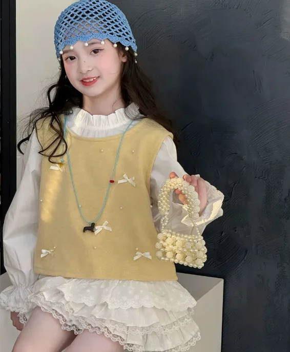 2023 Spring Autumn Baby Girls Sweet Candy Color  Knitting Sweater Vest  Shirts Clothing Sets Children Korean Blouse Vest Outfits