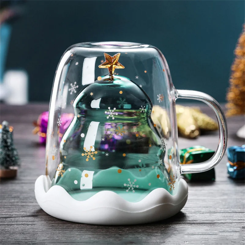 Taza de árbol de Navidad de 300ML, vaso de vidrio de doble pared resistente al calor con asa, taza de café de copo de nieve con tapa, taza para beber, regalo de Navidad