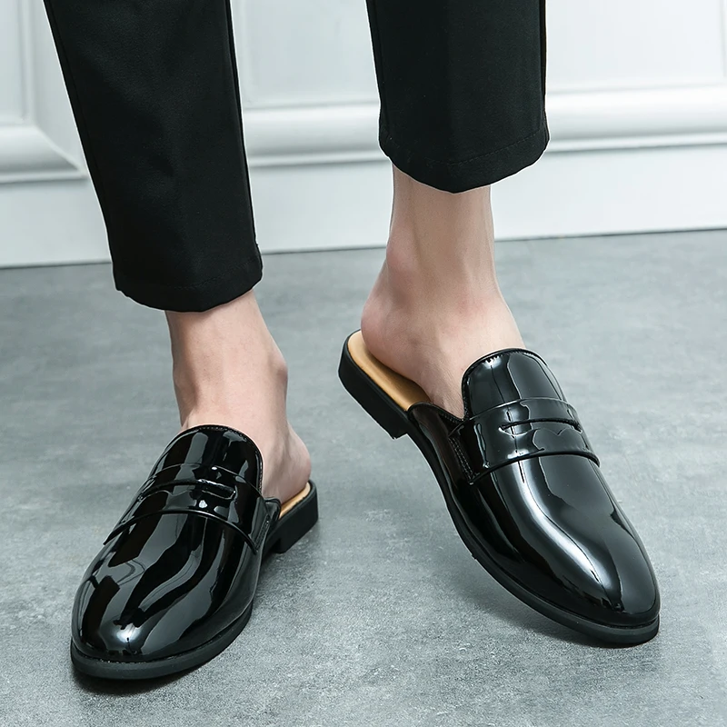 Black glossy surfaceMen Shoes Casual Mens Half Drag Loafers Leather Slipper Breathable Slip on Lazy Driving Shoes Men