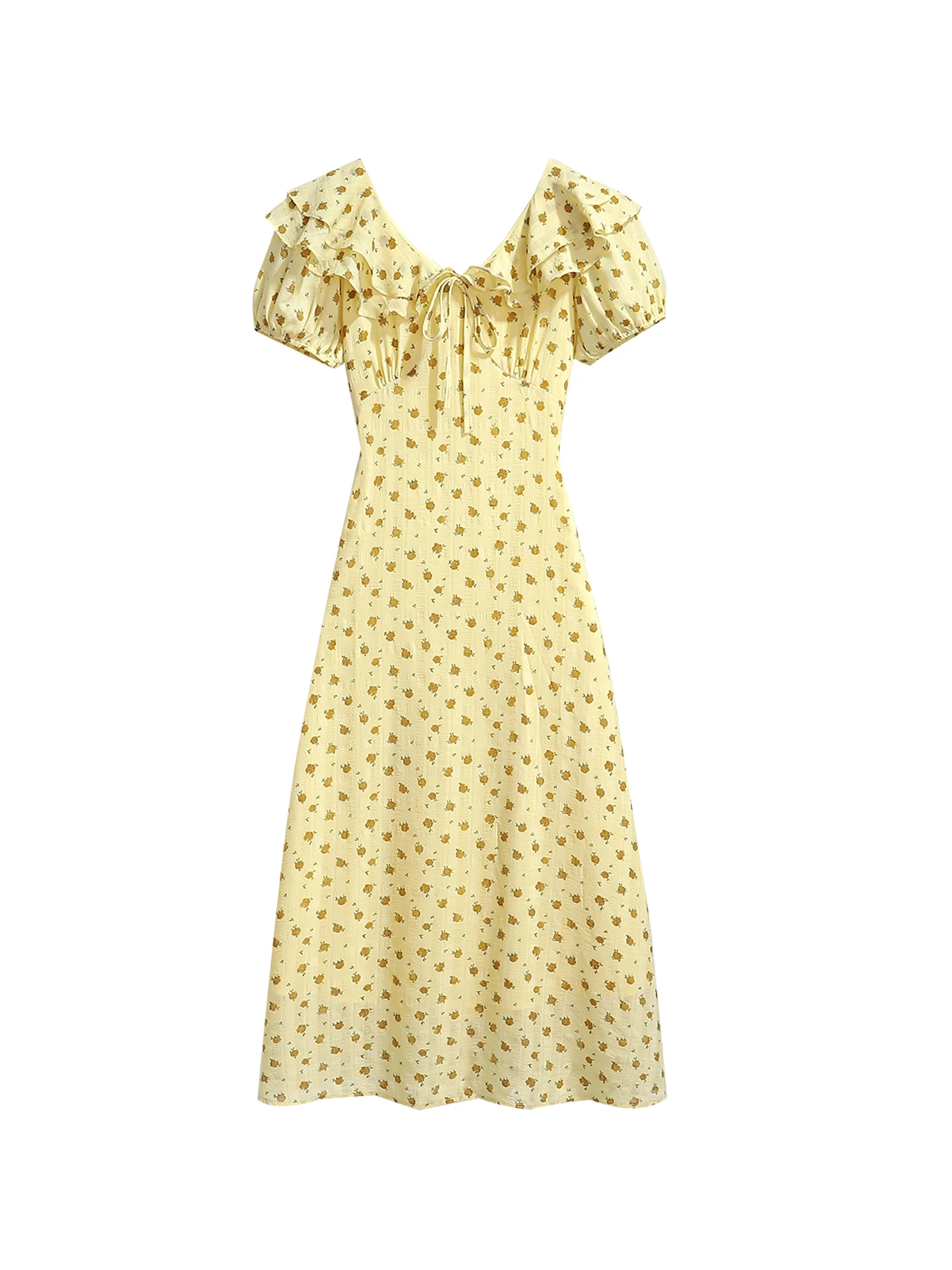 Gele Bloemenprint Zomer Dr Dames Retro Sle Hoge Taille Afslankende Lange Rok Theepauze Ritssluiting Bubble Sve V-...