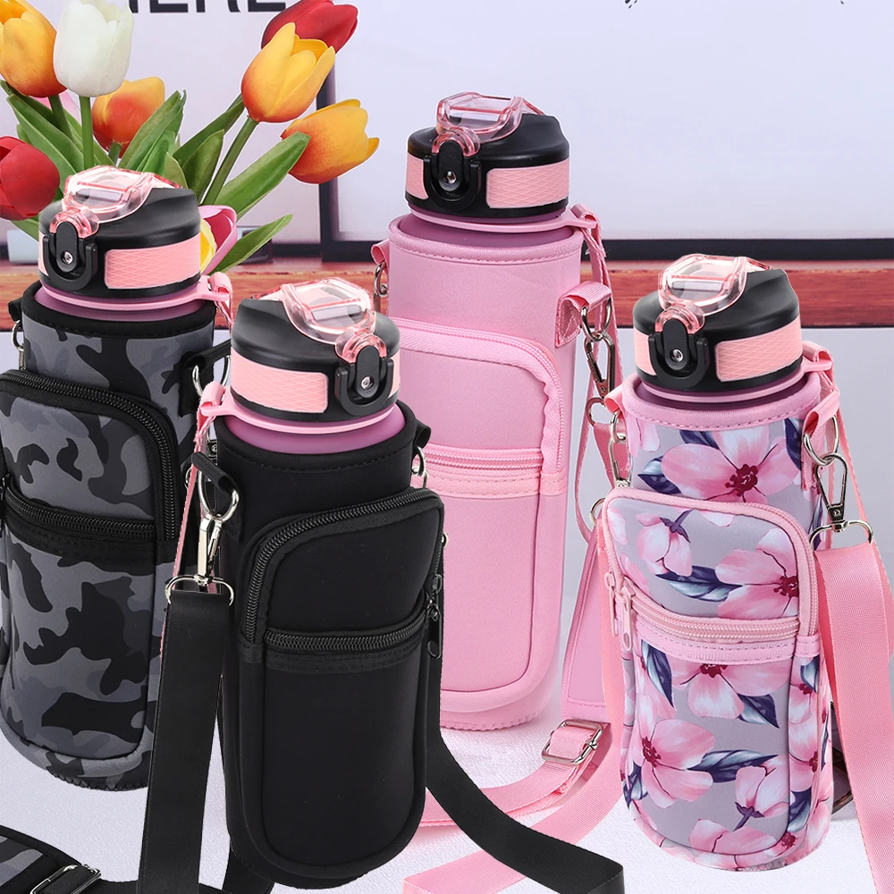 Portable Water Bottle Carrier Bag 1000ml Sports Bottle Case Neoprene Pouch Holder With Adjustable Shoulder Strap Phone Pocket