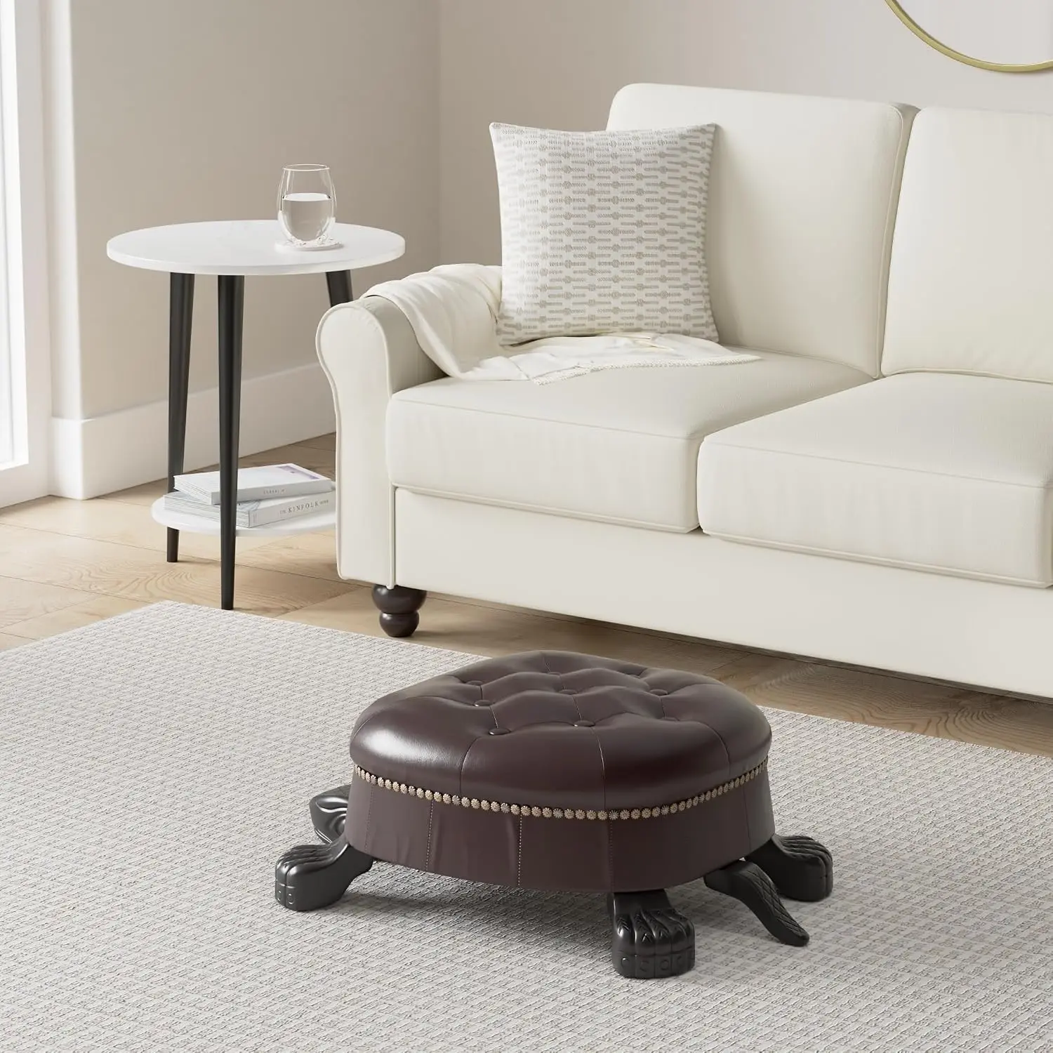 Hand-Carved Wood Turtle Ottoman Stool with Faux Leather Top 28 Inch, Customized
