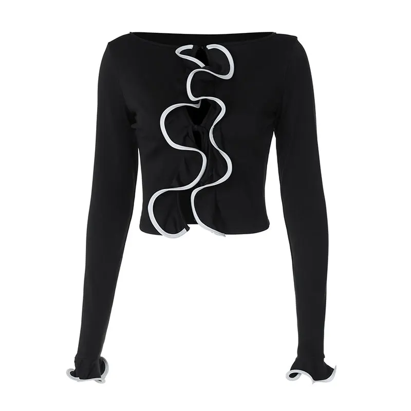 المرأة تي شيرت جديد الخريف موضة الشارع الشهير الدانتيل متابعة طويلة الأكمام عادية سليم تيز أبيض وأسود مثير الإناث تنوعا المحاصيل الأعلى #6