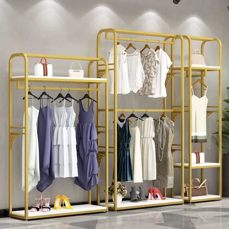 custom.Men's & Women's Clothing Decoration Rack Steel Floor Clothes Display Rack with Shoe Bag Cabinet Shop Counter Store Fr