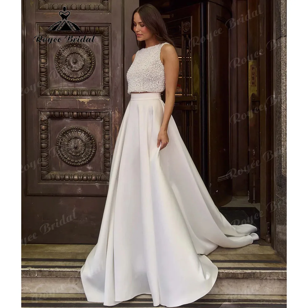 Two Piece Boat Neck All Pearl Beaded Wedding Dress Crop Top Satin A Line Deep Open Back Pearl Buttons Bridal Gown Customized