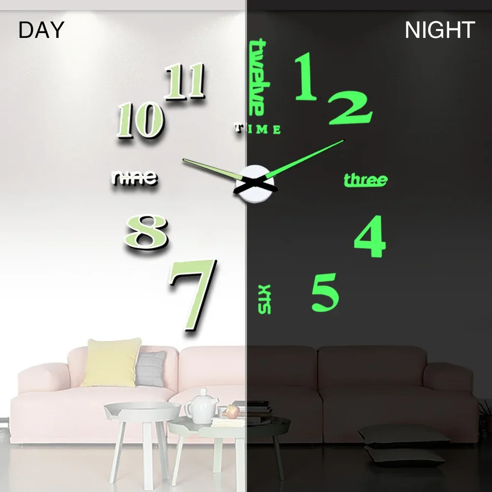 New Luminous Wall Clock Large Watch Horloge 3D DIY Acrylic Mirror Stickers  Quartz Duvar Saat Klock Modern Mute