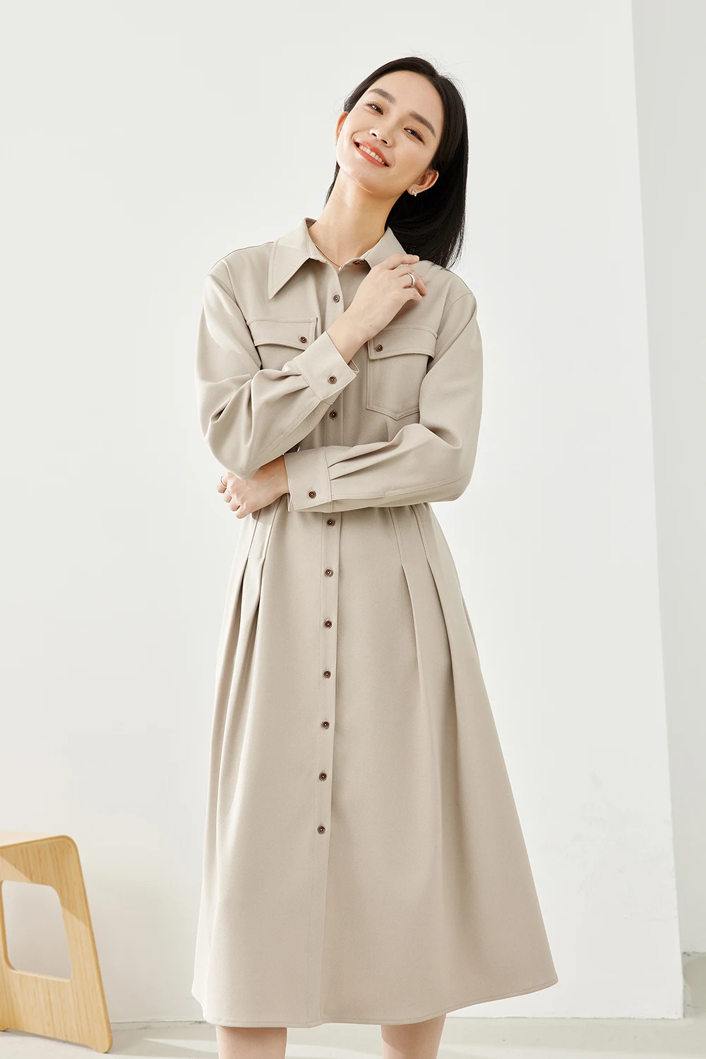 VIMLY VIMLY Minimalist New Commuter Shirt Dresses For Women  Autumn Elegant A-line Turn-down Collar Loose Solid Dress With Belt