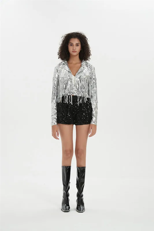 Spring Summer New Simple Solid Color Women Long Sleeved Jacket Fashion Sequin Tassel Female Casual Short Tops
